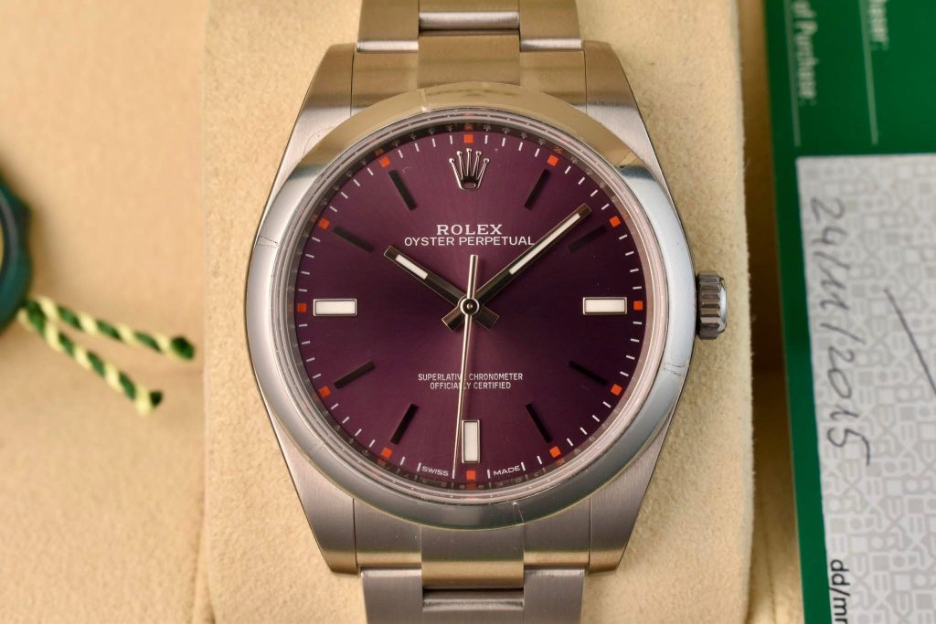 SOLD-2015 Rolex Oyster Perpetual Grape Dial 39mm - New Old Stock - 114300